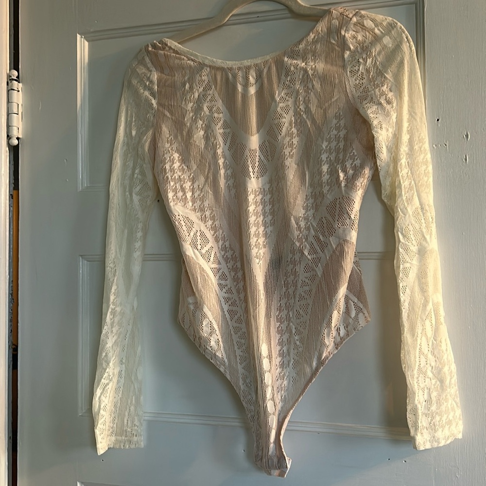 BCBG Sheer Lace White Long Sleeved Body Suit -  XS - NWT
